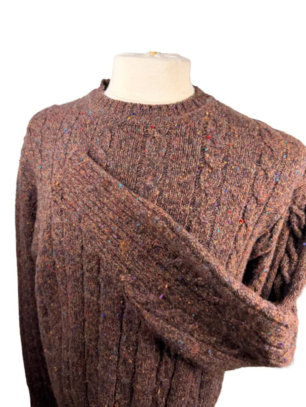 Neil Martin Mens L 100% Wool Cable Knit Sweater Brown Tweed Fleck Crewneck